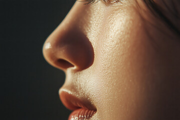 Close-up of a person's face, sunlit skin.