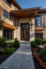 Obraz premium Luxury Home Exterior with Stone Facade and Landscaped Walkway