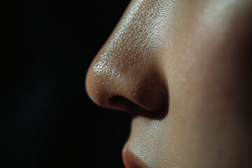 Fototapeta premium Close-up of a person's nose, glistening with moisture.