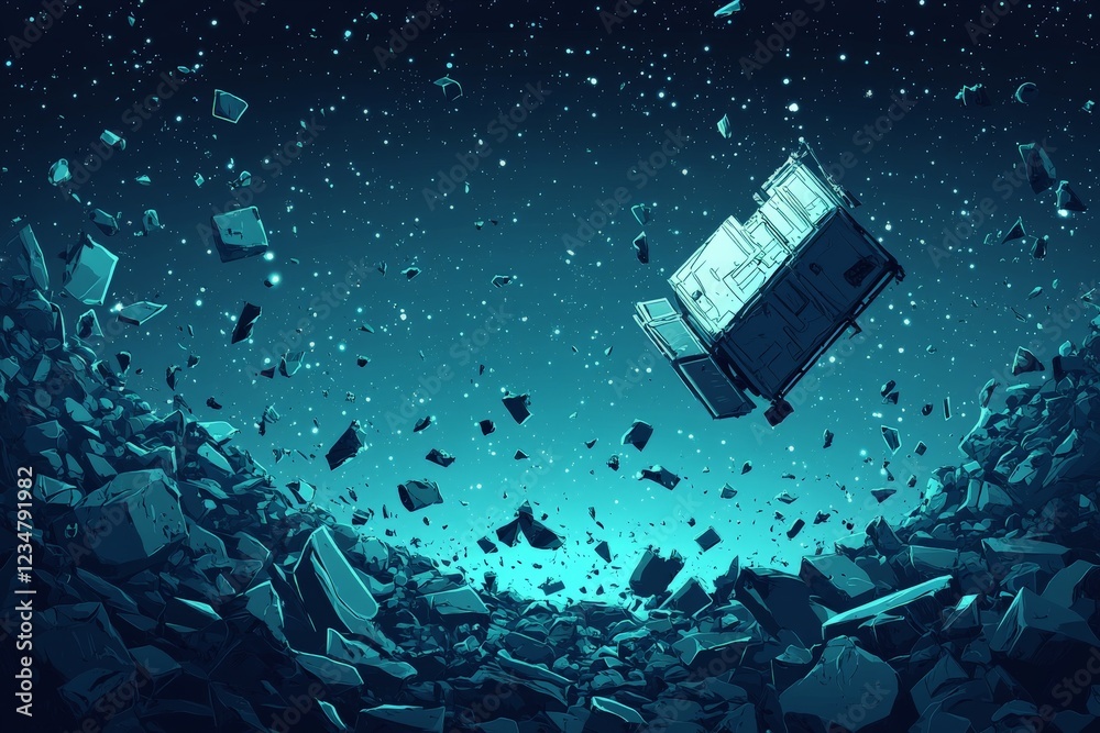 Poster floating debris in the vastness of space amid a swirling collection of rocks and fragments