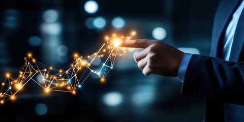 This striking image showcases a business professional interacting with a digital graph, symbolizing the integration of technology and data analysis in modern business practices.