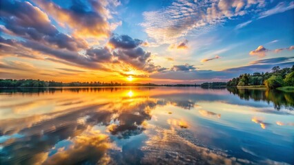 Golden hour reflections on the tranquil waters of a serene lake, casting a mesmerizing tapestry of colors across the surface