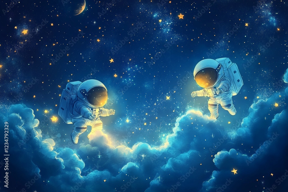 Poster two astronauts explore a starry sky filled with clouds and shimmering stars during a cosmic adventur