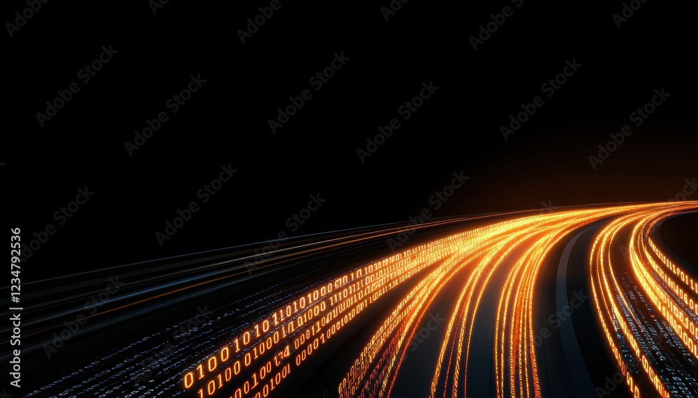 Poster a digital abstract image featuring glowing binary numbers and flowing light trails against a dark ba