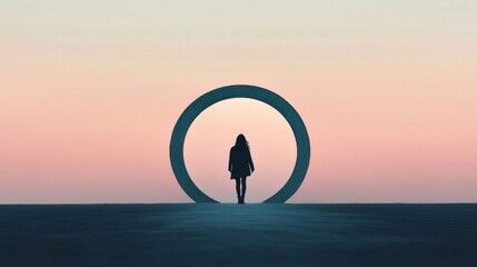 Woman silhouette standing before a large circular portal at sunset.