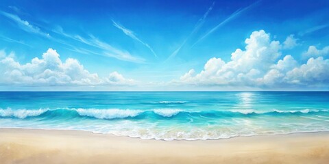 Serene Seascape A Gentle Breeze Whispers Through White Clouds as Turquoise Waves Lap Upon a Pristine Sandy Beach