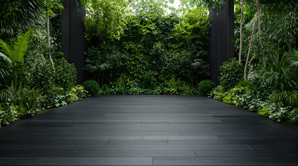 Lush green wall backdrop, dark floor, garden setting
