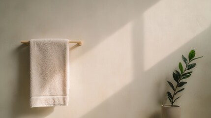 A white towel is hanging on a wooden rack