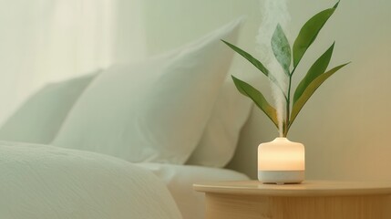 A small plant sits on a wooden table next to a bed