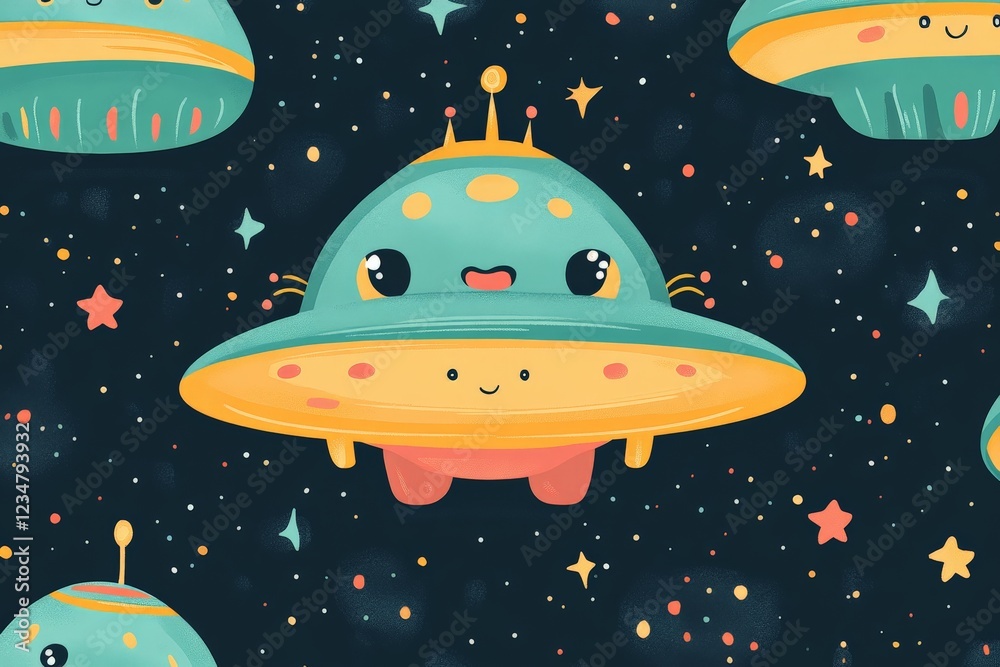Aufkleber Alien spaceships with cartoon faces float in a starry night sky filled with colorful stars and planets