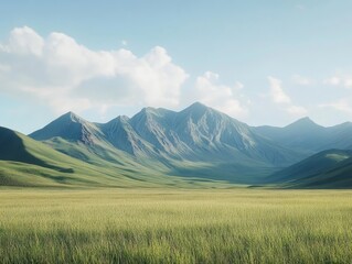 Fototapeta premium Serene Mountain Valley Landscape with Grassy Field and Clear Blue Sky with white clouds
