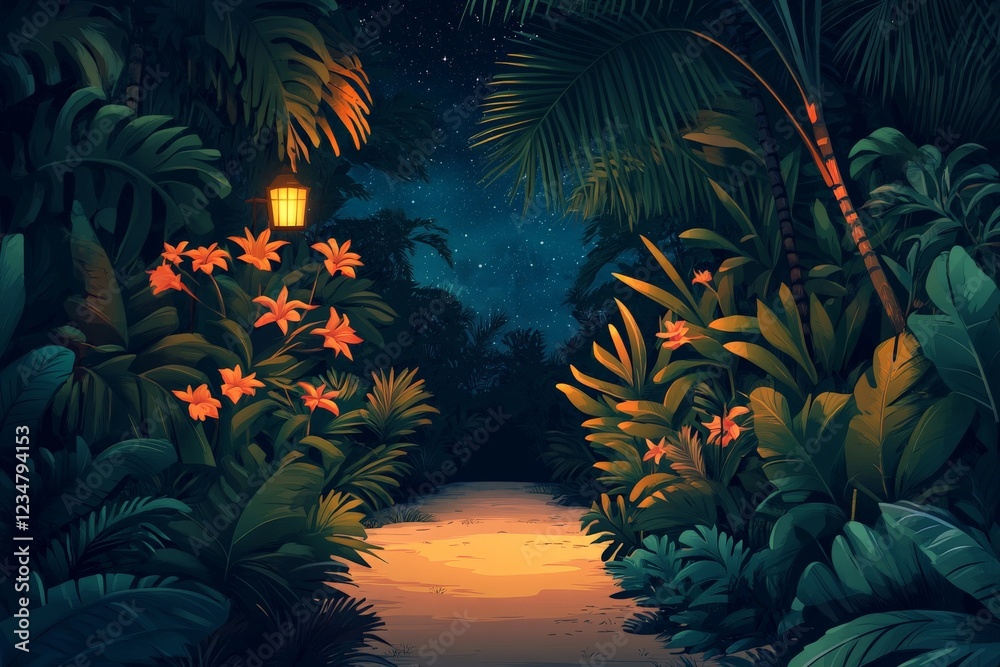 Aufkleber pathway illuminated by lanterns surrounded by lush vegetation at night in a tropical setting