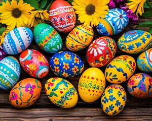 Obraz premium Colorful Hand-Painted Eggs Surrounded by Yellow Flowers and Greens