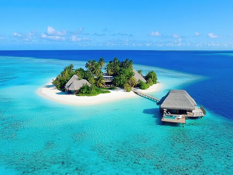 Aerial view of a tropical island with bungalows and clear turquoise waters