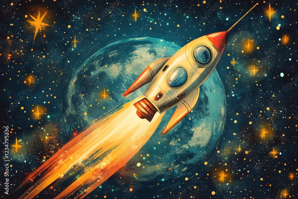 Poster rocket launching towards a distant planet in a vibrant cosmic background with stars and galaxies