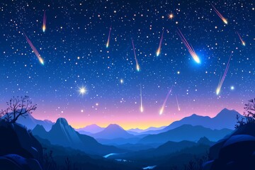Fototapeta premium Spectacular meteor shower lights up the night sky over serene mountain landscape during twilight hours