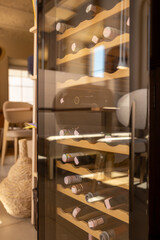 A sleek wine cooler with a transparent glass door