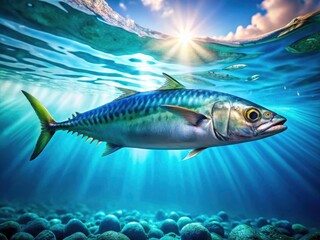 Fototapeta premium High-resolution image: single, delicious mackerel, left-aligned, ample copy space, ocean background, perfect for seafood market promotions.