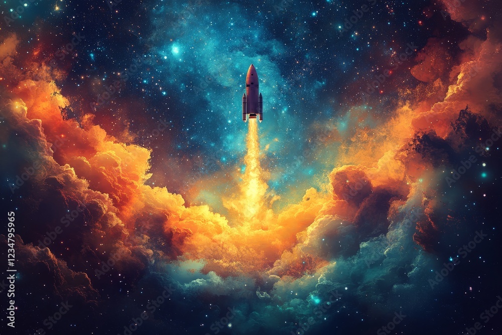 Aufkleber rocket launches into colorful outer space clouds at night, marking the beginning of an exciting jour