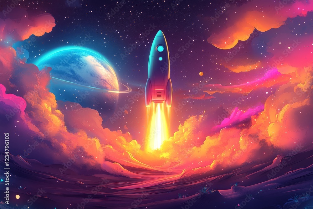 Poster Rocket ascends through vibrant cosmic clouds with a distant planet in the background