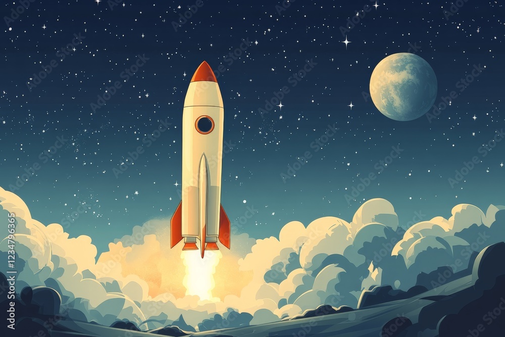 Poster Rocket launching into outer space with a starry sky and a distant moon above