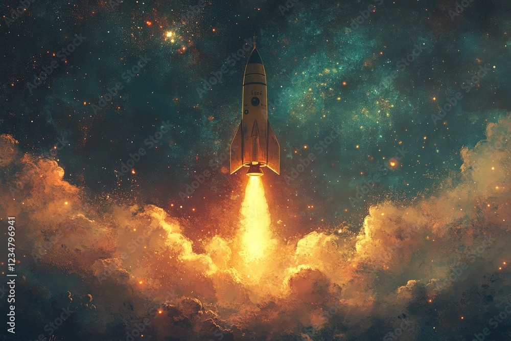 Poster rocket launches into space against a backdrop of colorful galaxies and stars, illuminating the dark 