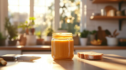 Jar of smooth peanut butter beside bread in modern kitchen, culinary delight