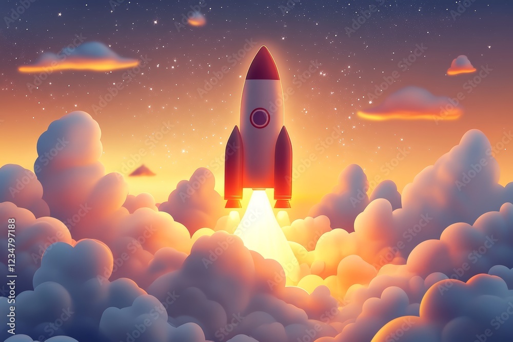 Poster rocket launch at sunset illuminating clouds with vibrant colors and a magical atmosphere