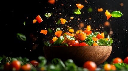 Bowl filled with fresh vegetables including tomatoes cucumbers carrots and seasonal dishes on a wooden table