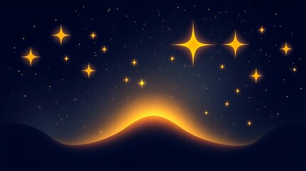 Fototapeta premium Modern flat design illustration of a starry night sky. A warm golden glow illuminates simple, two-dimensional shapes, creating a radiant and luxurious aesthetic