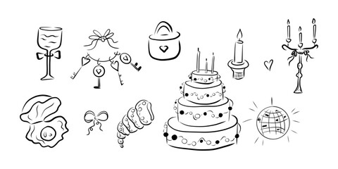 Wedding clipart, cake, keys, disco ball, lock, candle, shell, pearl, heart, wine glass, tied bow