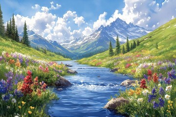 Vibrant Wildflower Meadow And Blue River With Majestic Mountain Range