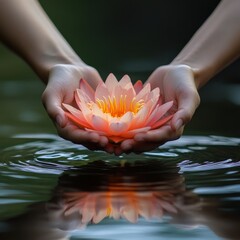 Hands Holding a Blooming Lotus Flower Serene Pond Nature Tranquil Environment Close-Up Heartfelt Concept