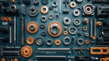 Fototapeta premium Gears, cogs, and mechanical parts arranged on a blue wall, overhead view