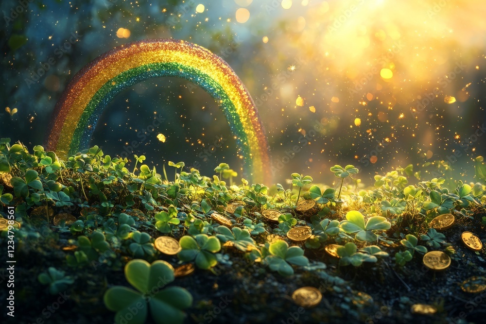 Poster magical scene with a vibrant rainbow and golden coins among clover under soft sunlight in a mystical