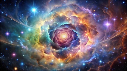 A celestial rose blooms amidst a vibrant nebula, its petals formed by swirling clouds of cosmic dust and gas, illuminating the night sky with a radiant glow.