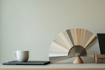 Minimalist workspace with coffee cup and color swatch fan