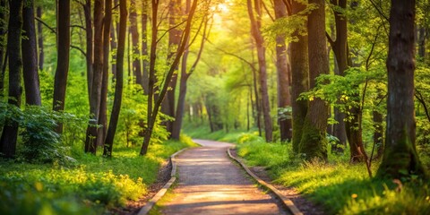 Sunlight filters through the canopy of a lush forest, illuminating the winding path ahead, inviting exploration and a peaceful escape from the hustle and bustle of daily life.