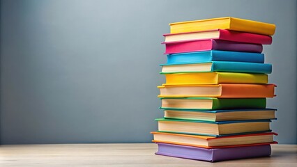A stack of colorful books on a wooden surface against a blue wall, ready for reading and learning.