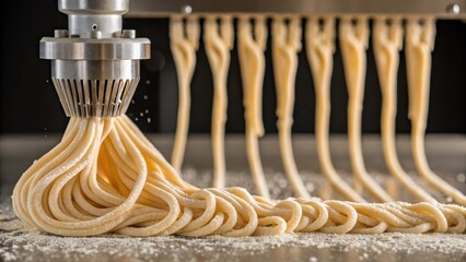 Fresh pasta being produced by a food printing machine in an industrial food processing facility, showcasing the automation of pasta production
