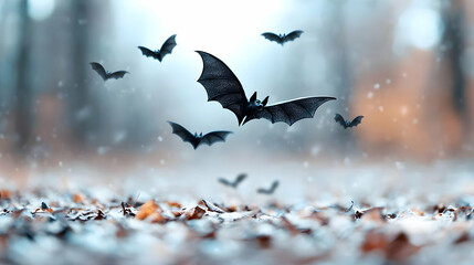Obraz premium Flock of bats flying low over frost-covered autumn leaves in a misty winter forest.
