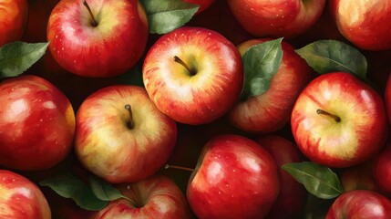 A collection of vibrant red apples with glossy skins and green leaves is artfully arranged on a dark background, showcasing their natural beauty and freshness