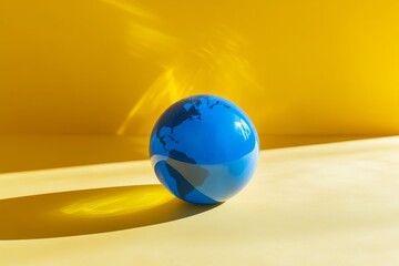 Blue globe on vibrant yellow background with shadow