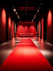 Red Carpet Grandeur: A dramatic, elongated corridor bathed in crimson light, featuring a plush red sofa and a red carpet leading to an open doorway.