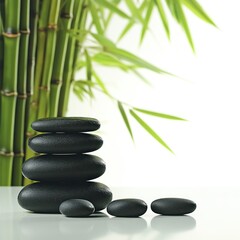 Obraz premium Stacked Black Stones Near Green Bamboo Plants