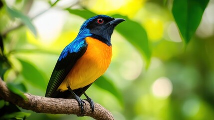 Fototapeta premium Colorful Bird Perched on a Branch in a Lush Green Forest