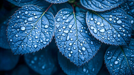 Close-up of dewy blue leaves creating a natural pattern