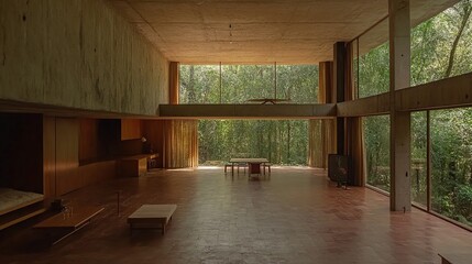 Obraz premium Jungle house interior, spacious living, concrete walls, large windows, rainforest view