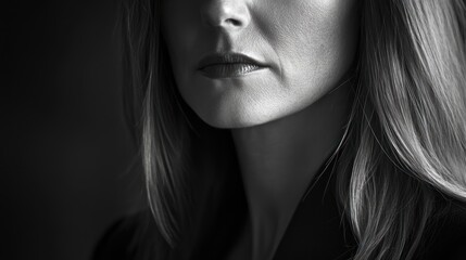 Obraz premium Close-up of a Woman's Lower Face and Hair in Black and White