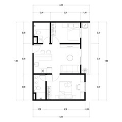 Floor plan blueprint of apartment, Figure of the jotting sketch of the construction and the industrial skeleton of the structure and dimensions.